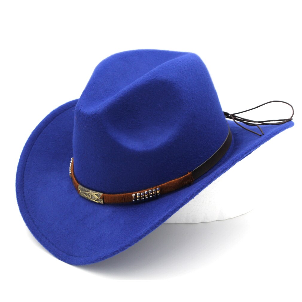 Mistamanecer Estilo Vintage Otoño Invierno sombrero de cowboy del oeste de ala ancha Cowgirl Riding Cap con banda trabajada a mano tamaño 56-58cm: Azul