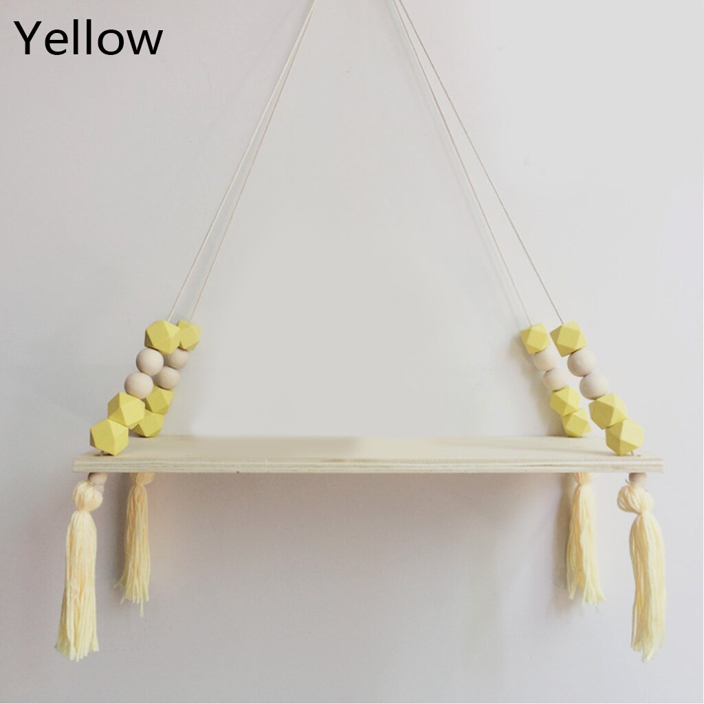 Estante de pared de madera con borlas y cuentas de colores nórdicos para niños, decoración de guardería, almacenamiento artesanal, decoración de hogar para colgar en la pared: B-Yellow