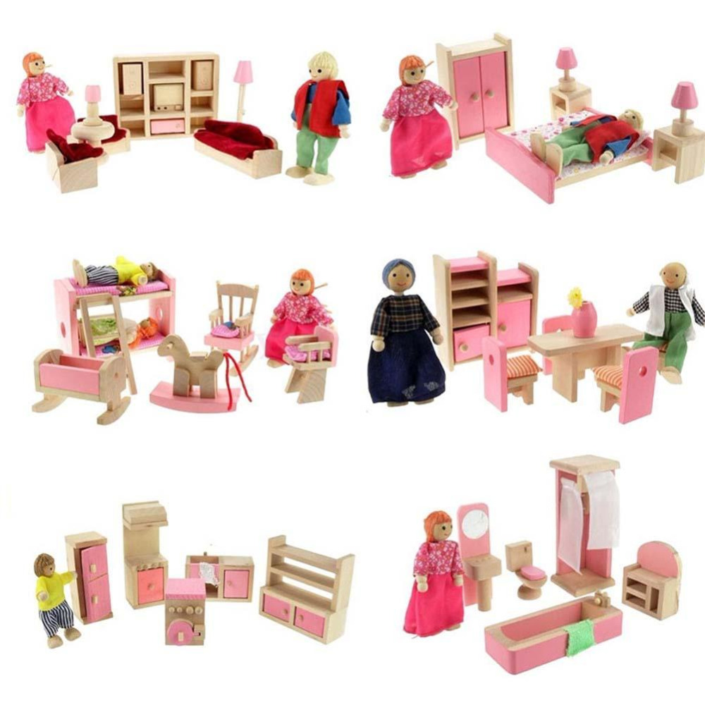 Poppenhuis Meubels Dubbele Bed met Kussens en Deken Houten Pop Badkamer Meubels Poppenhuis Miniatuur Kids Kind Spelen Speelgoed