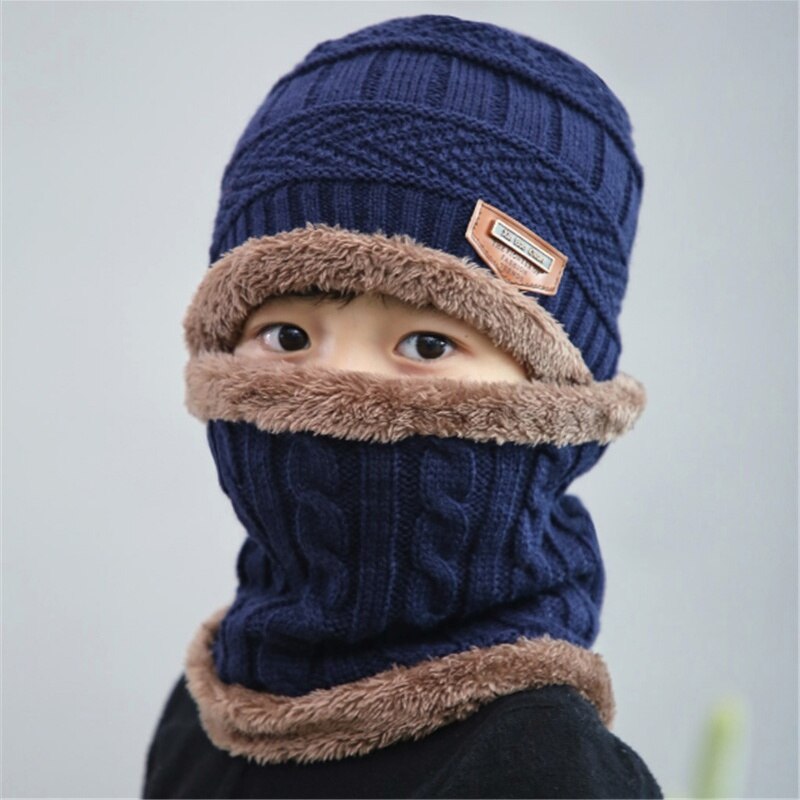PatPat Winter 2-piece Baby Warm Knitted Fleece Hat and Scarf Accessories For 3-7 Years Old: Dark Blue