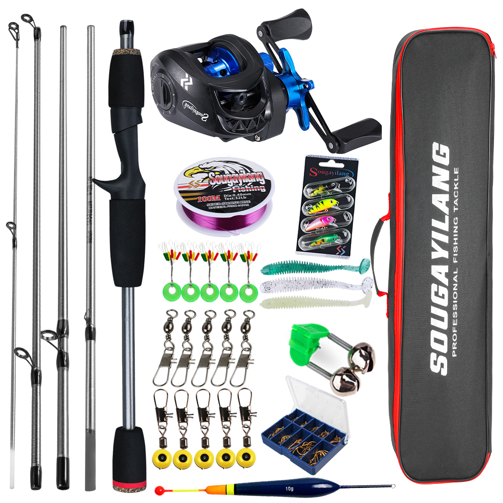 Sougayilang-caña de pescar Baitcasting y carrete, Kit completo de caña de 5 secciones y carrete de aluminio para juego de pesca de lubina de agua dulce: YELLOW /  Opción2