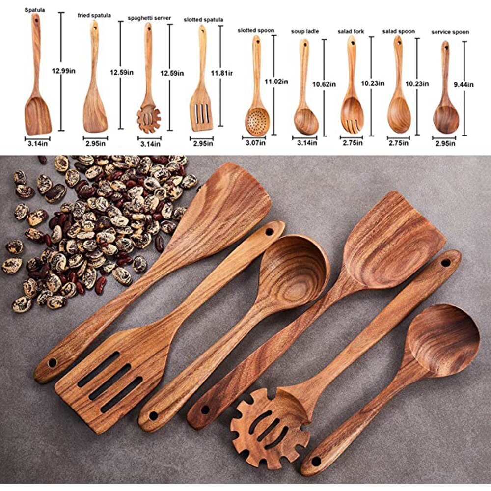 1-9 unids/set juego de utensilios de cocina de madera, cucharas de madera para cocinar, utensilios, cucharas de madera de teca Natural para de sartén antiadherente