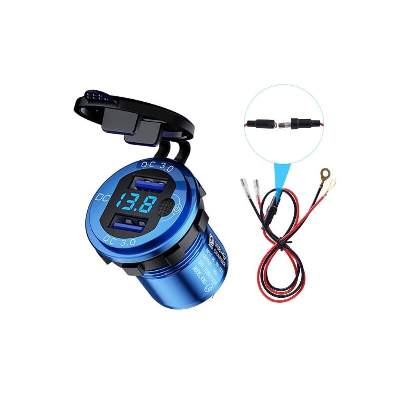 12V 24V Aluminium Waterdichte Dual QC3.0 Usb Fast Charger Stopcontact Led Voltmeter Schakelaar Kabel Voor Auto Marine truck Suv: Blue