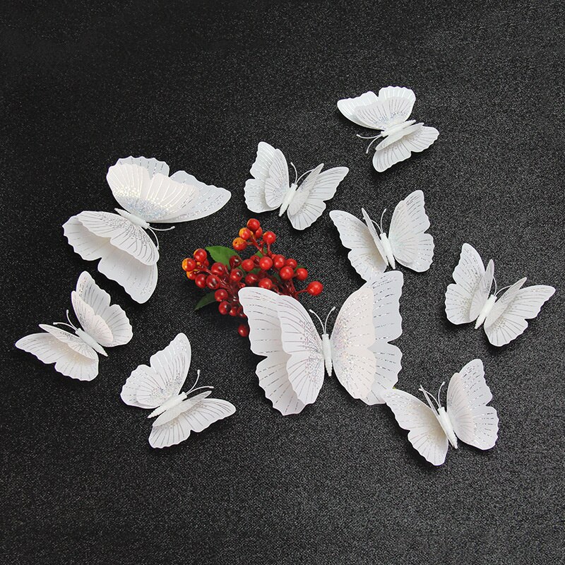 Autocollant mural papillon 3D Double couche, 12 pièces, pour la décoration de la maison, aimant pour réfrigérateur, colle gratuite