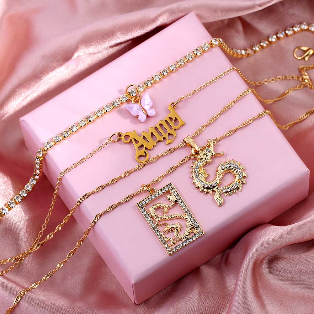 Collares de cristal multicapa con de mariposa y dragón para mujer, cadena de clavícula con letras de Ángel dorado Punk, joyería para de hip hop, novedad