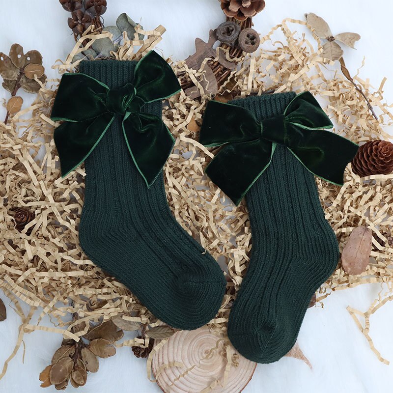 Calzini natalizi per bambina calzini per bambini in cotone con fiocco grande calzino alto scaldamuscoli in lana solida calzini lunghi morbidi per bambini: Short Green / 3-5 Years (L)