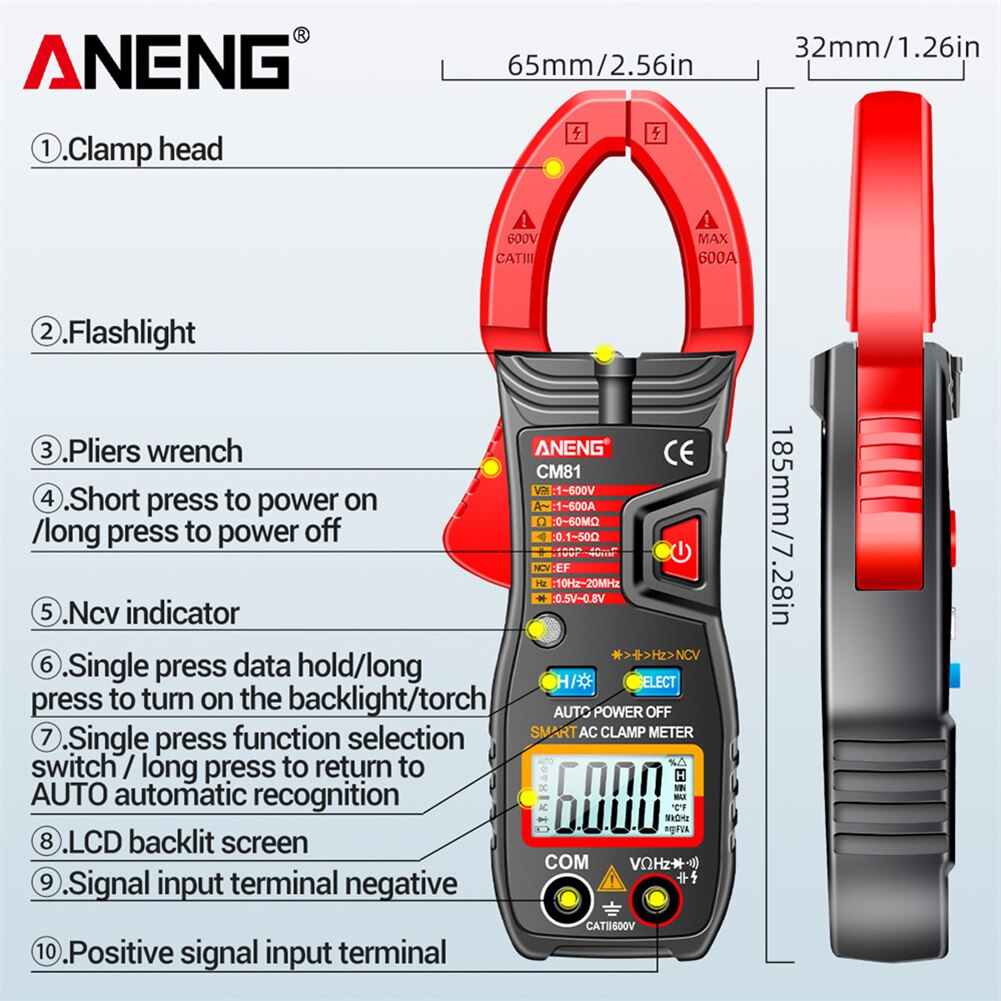 6000 Counts Digital Clamp Meter Multimeter Capacitance Measuring Range Testers Multimeter: Red