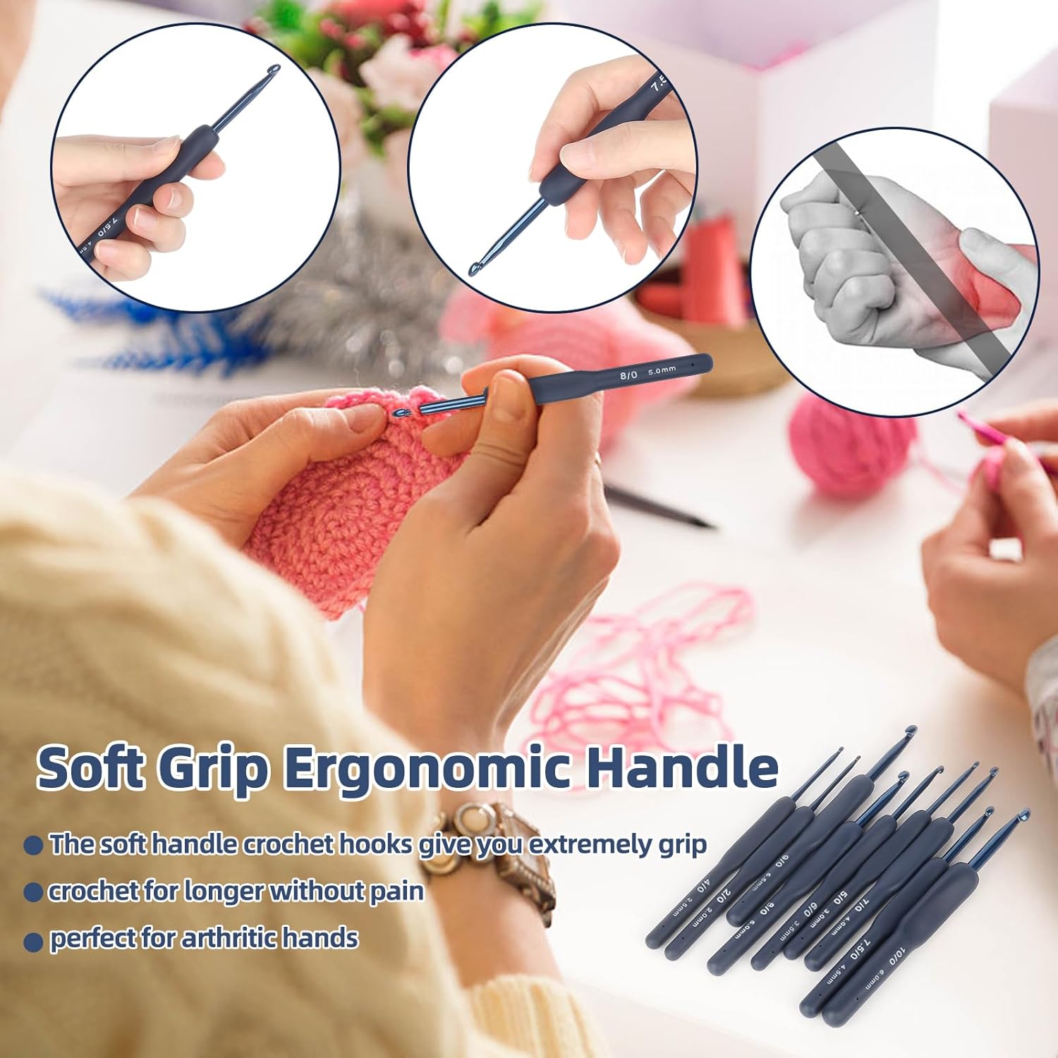 Crochet Hook Set Red 2-6mm Crochet Hook Ergonomically for Arthritis Hands Storage Bag Suitable for Crochet Beginners