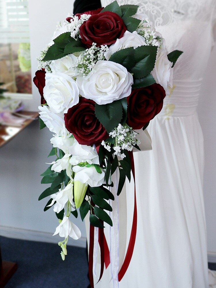 cascada Borgoña ramo blanco Artificial púrpura Ramos de flor Rosa boda accesorio para novia con flores