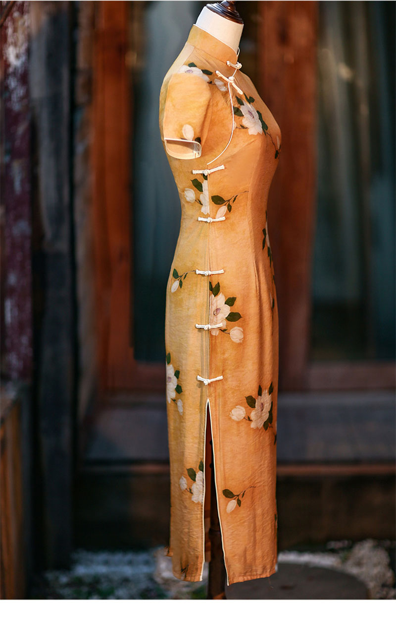 Yellow Chinese Cheongsam Girl Spring Vintage Dress Women Clothing Handmade Button Floral Long Dress Qipao