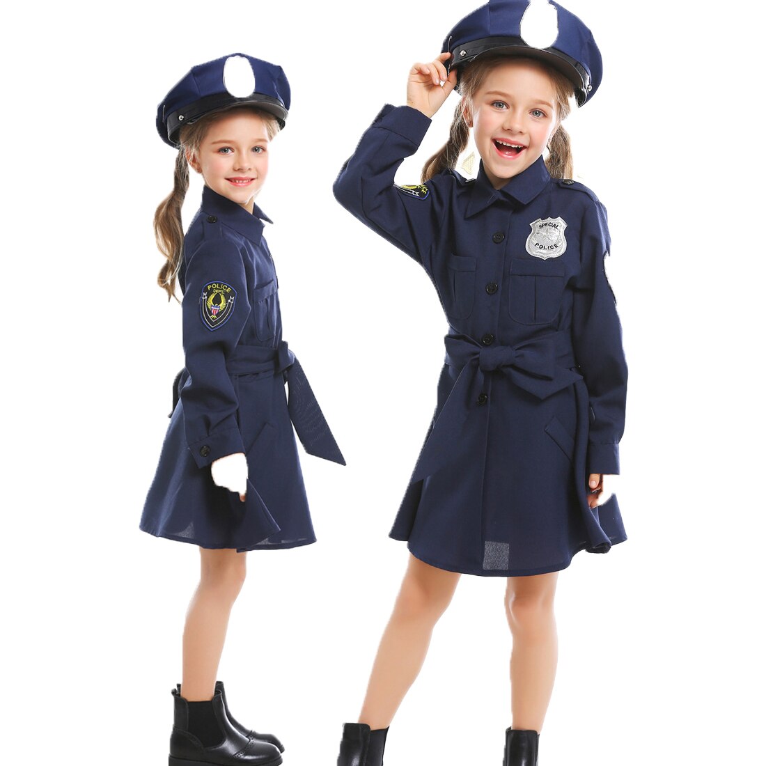 3Pcs Pretend Play Cute Police Dressup Set Policewoman Costume For 130cm-145cm/120cm-130cm/110cm-120cm/90cm-110cm Kids - L M S XS