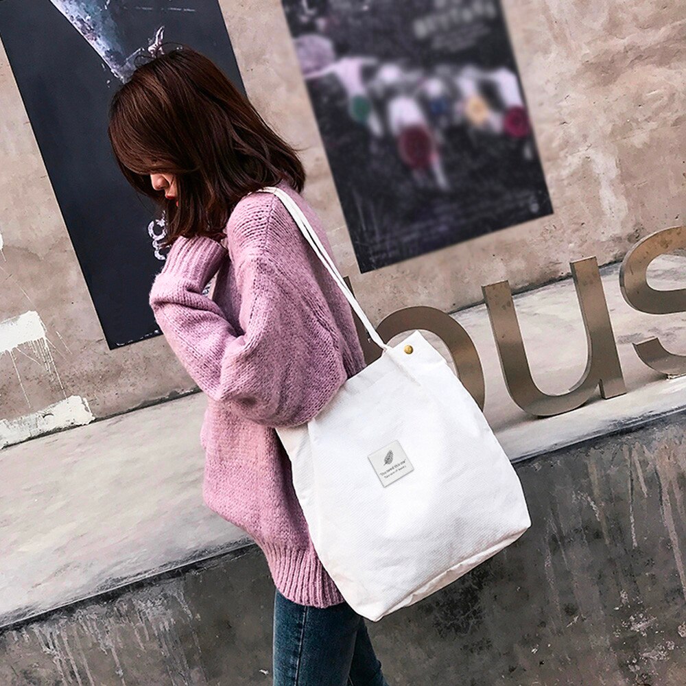 Women Corduroy Pure Color Shoulder Bag Satchel Tote Hand Bag Travel Bag Reusable Foldable Eco Grocery Totes Female