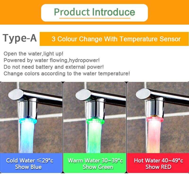 Led Temperature Sensitive 3-color Light-up Faucet Kitchen Bathroom Glow Water Saving Faucet Aerator Tap Nozzle Shower Bathroom: Type-A