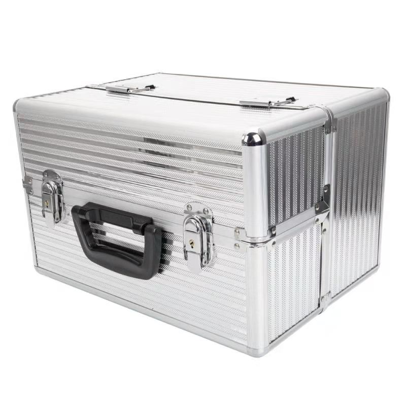 [US-W]Handy Stylish Three Stripes Aluminum Makeup Storage Box with Keys Silver Multi layer portable belt190813317