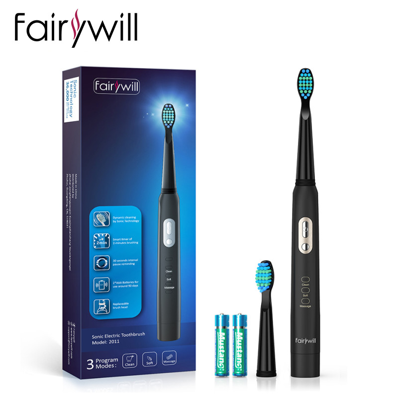 Fairywill-cepillo de dientes eléctrico sónico para adultos, cepillo de dientes blanqueador con temporizador inteligente, resistente al agua IPX7, 2 cabezales reemplazables, batería AAA: AE-FW-2011