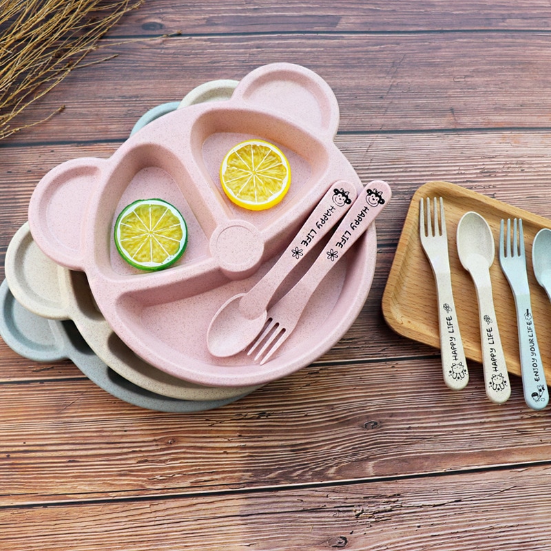 Baby Wheat Straw bowl+spoon+fork Feeding Food Tableware Cartoon Bear Kids Dishes Eating Dinnerware Set Anti Training Plate