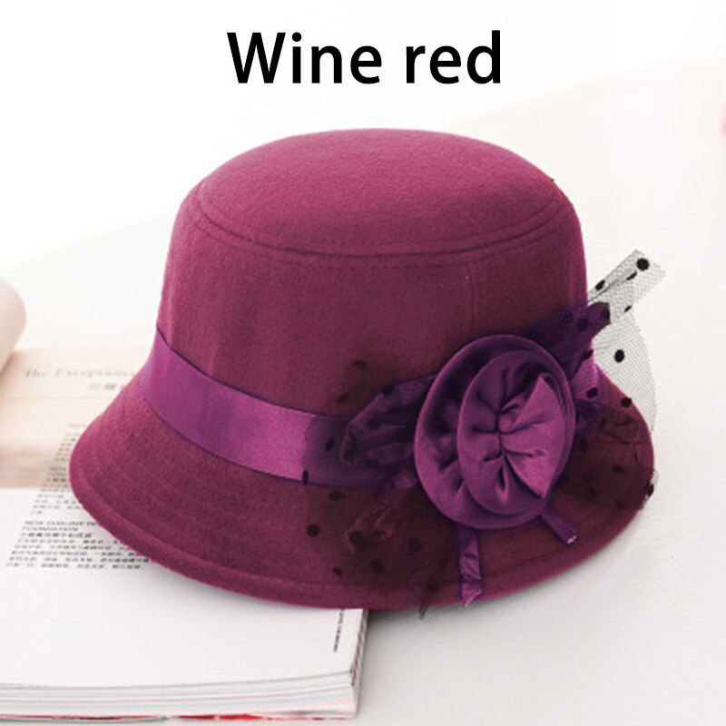 Ladies Formal Fedora Bowler Hats Vintage Women Hat Imitation Woolen Flower Autumn Winter Keep Warm Bucket Cap: Red