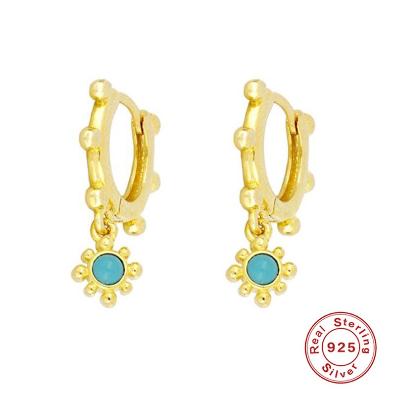 ROXI Bohemia Sunflower Turquoise Stone Small Round Beads Hoop Earrings for Women Wedding Jewelry Earrings 925 Sterling Silver