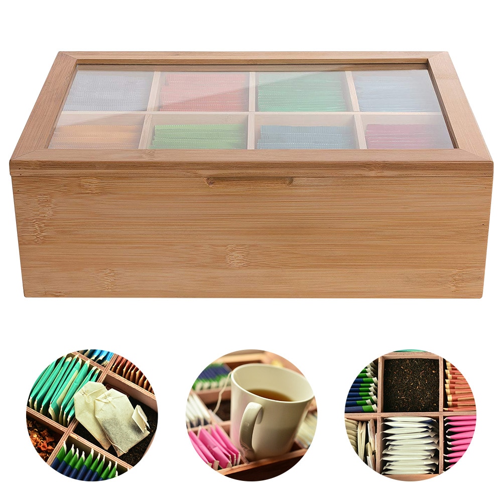 Bamboo Tea Storage Box Tea Bag Organizer Case Tea Caddy with 8 Compartments For Black Tea Green Tea Pu'er Tea Jasmine Tea