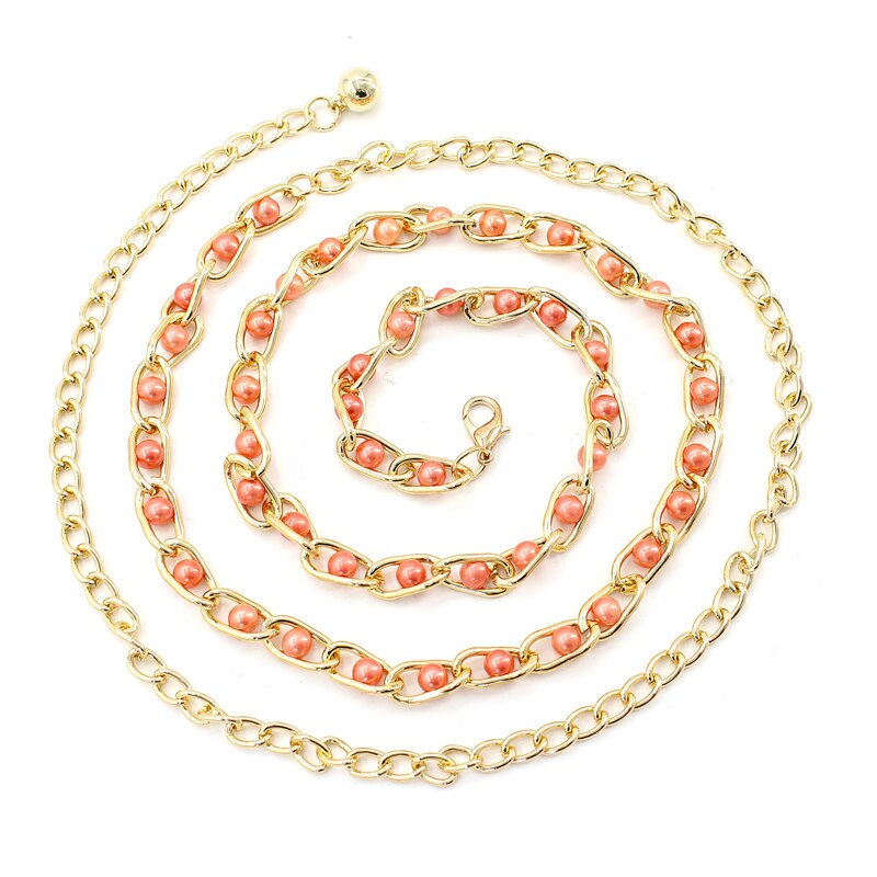 Cinturón de cadena de cintura estrecha con perlas de imitación para mujer, accesorios para vestido de tirantes, 9 colores: orange