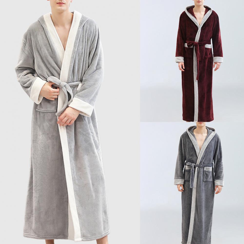 Men Sleepwear Autumn Winter Flannel Long Sleeve Maxi Bathrobe Pockets Hooded Nightgrown Mens Warm Thick Casual Robe Plus Size