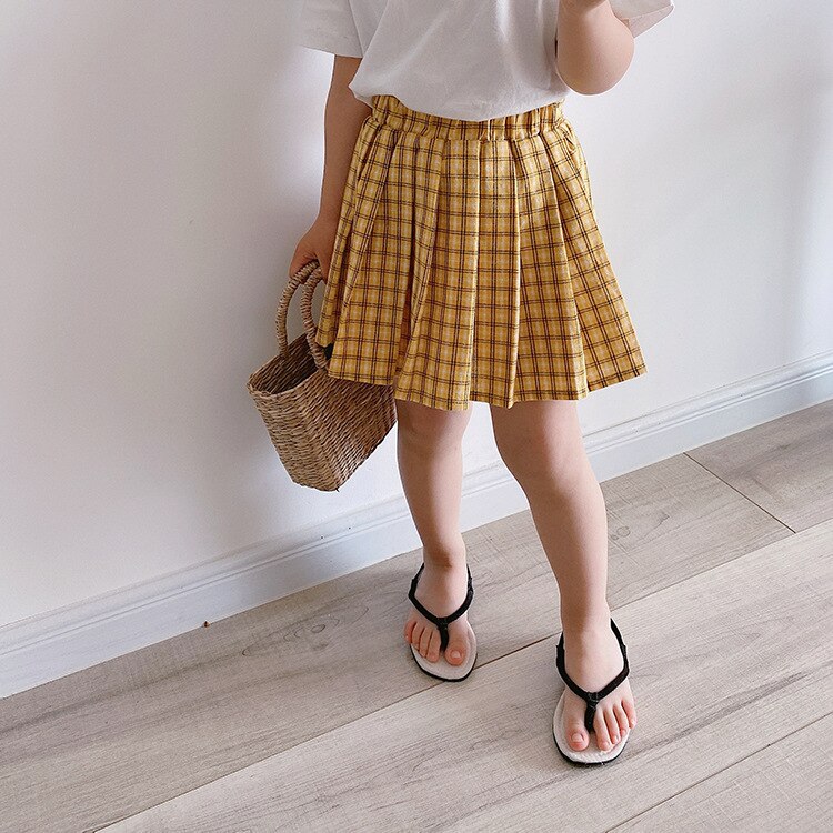 Summer cute girls plaid pleated skirts kids cotton 2 colors skirt: Yellow / 3T