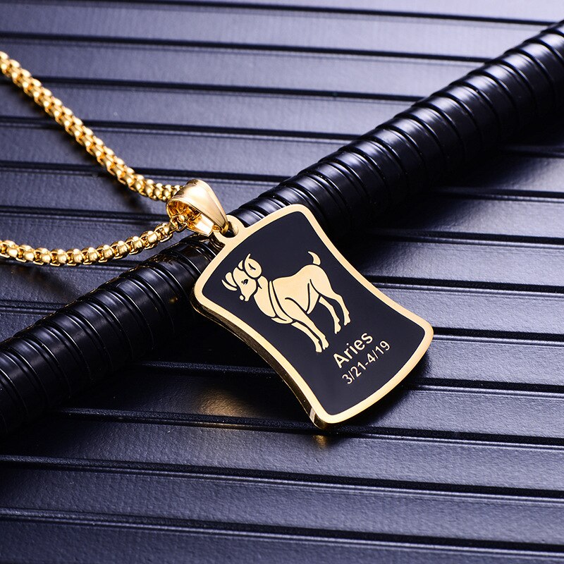 Zodiac sign 12 constellation pendant men necklace stainless steel male accessories gold simple silver necklace chain Square card