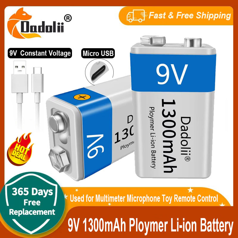 Wiederaufladbare 9V Li-Ion Batterie - 1300mAh - Micro USB - Ladegerät Set - Kompatibel mit Multimeter, Mikrofon, Spielzeug
