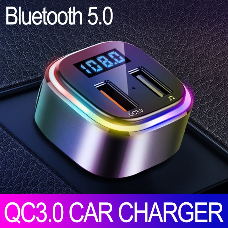 Bluetooth 5.0 fm -lähetin usb-musiikkivastaanotin auton  mp3 -soitin pikalataus  qc 3.0 kaksois-usb-laturi värikkäällä tunnelmavalolla