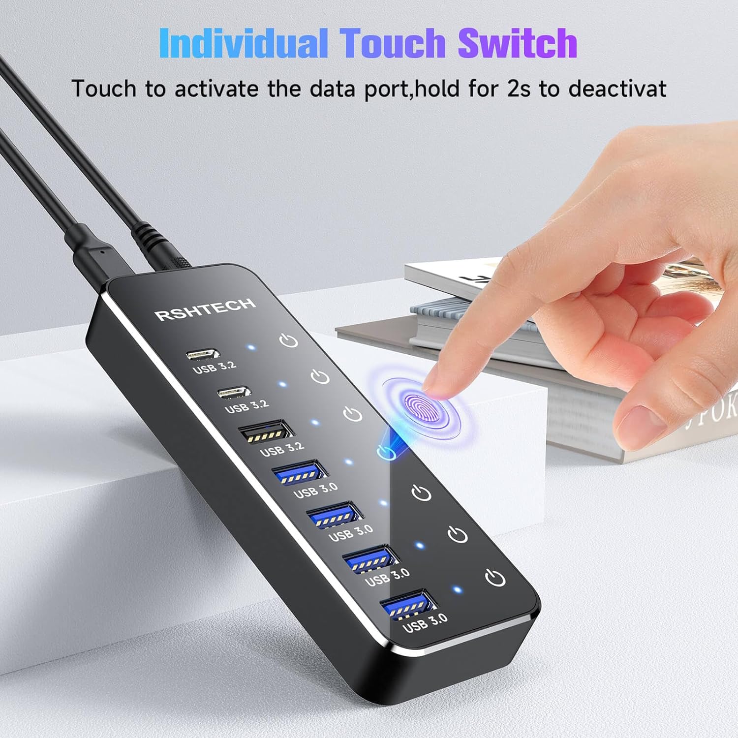 RSHTECH 7-portowy koncentrator USB C z portami USB-C 3.2 10 Gb/s Indywidualne przełączniki dotykowe Zasilacz 5 V/3 A Rozdzielacz USB do laptopa