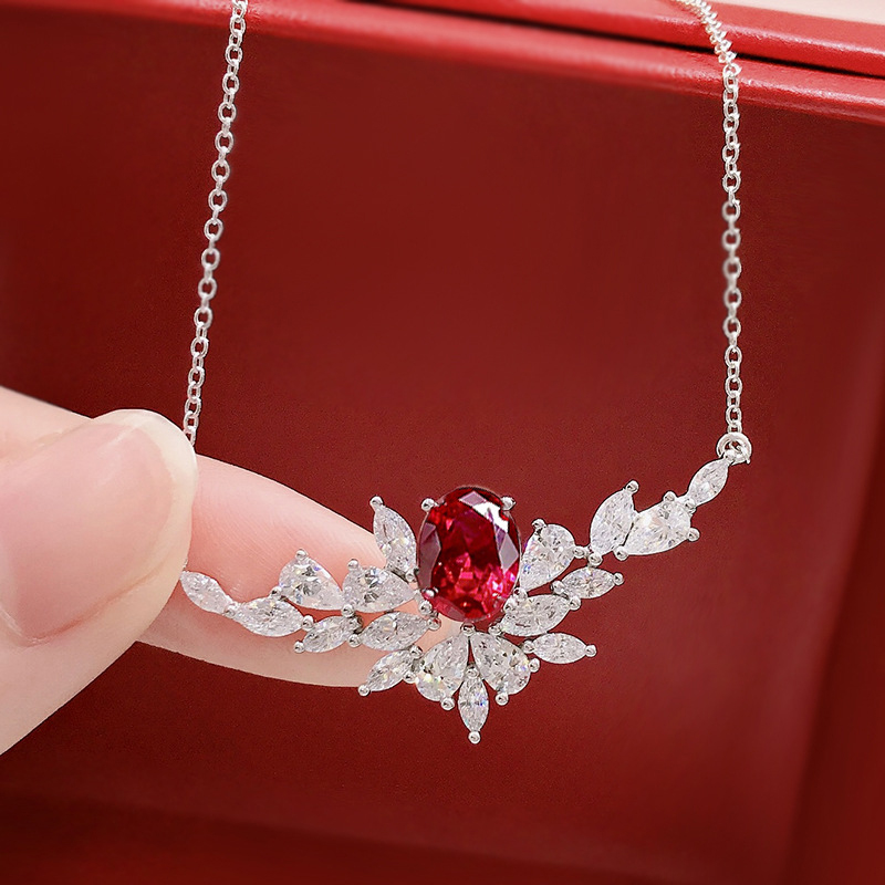 OEVAS 100% argento Sterling 925 7*9mm sintetico rubino ghiaccio fiore taglio collana pendente per le donne scintillanti matrimonio Fine Jewerly