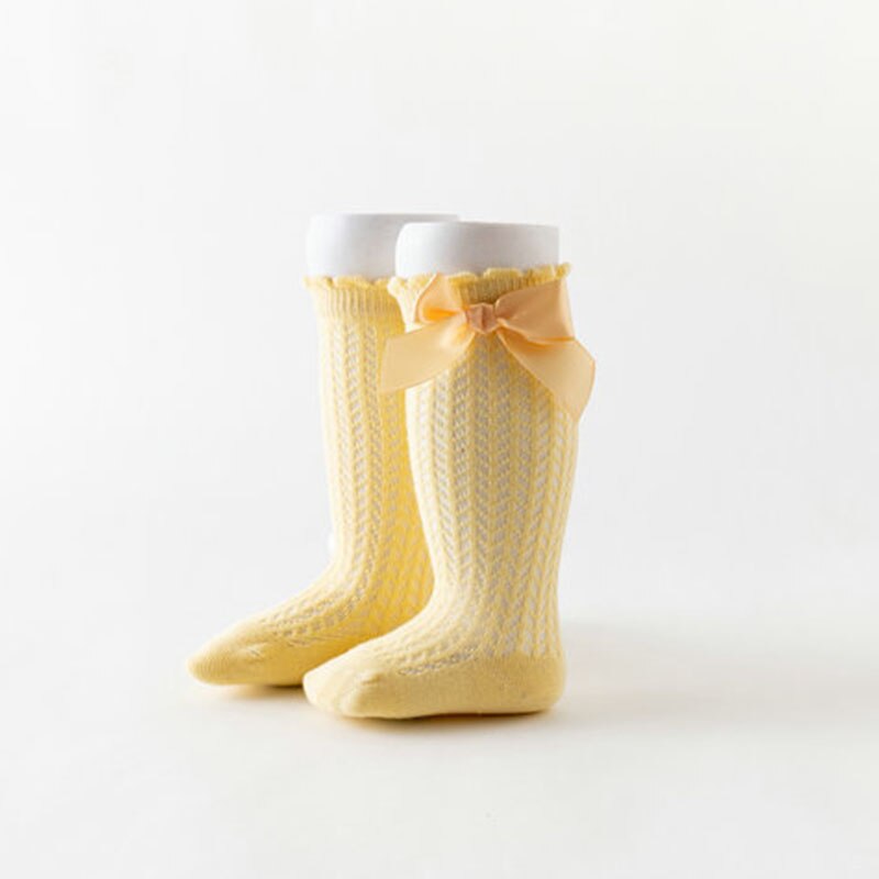 Chaussettes d'été pour bébé fille, avec nœuds, en maille, pour -né, hautes, respirantes, couleur unie, douces, en coton, pour nourrissons: yellow