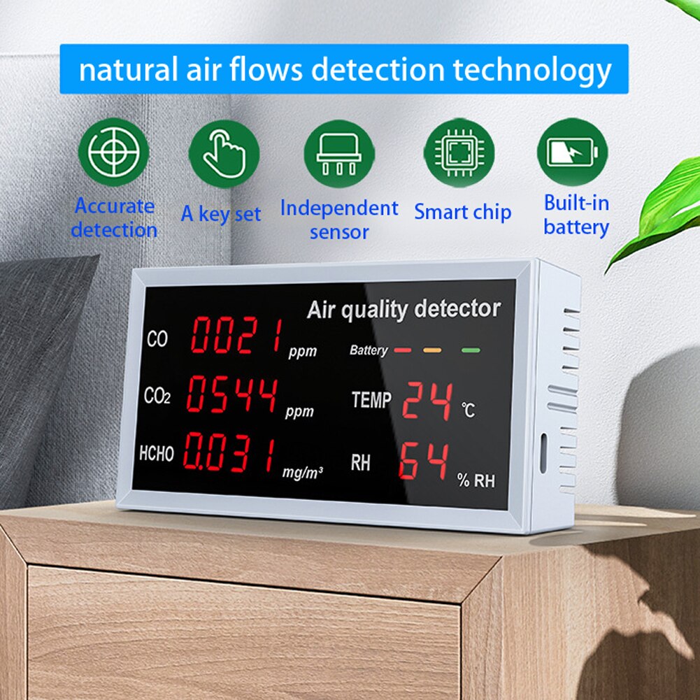 Détecteur multifonction 5 en 1, affichage LED, CO CO2 HCHO, surveillance de la température et de l&#39;humidité, détection rapide, détecteur de de l&#39;air