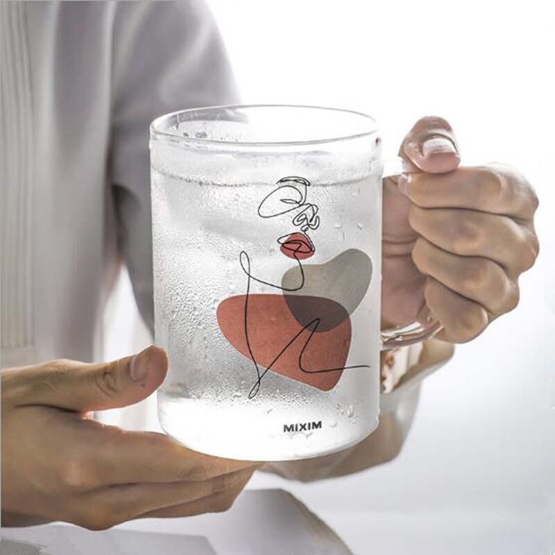 450ml stor kapasitet menneskelig ansikt mønster glass kopp med håndtak kaffe frokost melk øl krus te kopper til elskere venner
