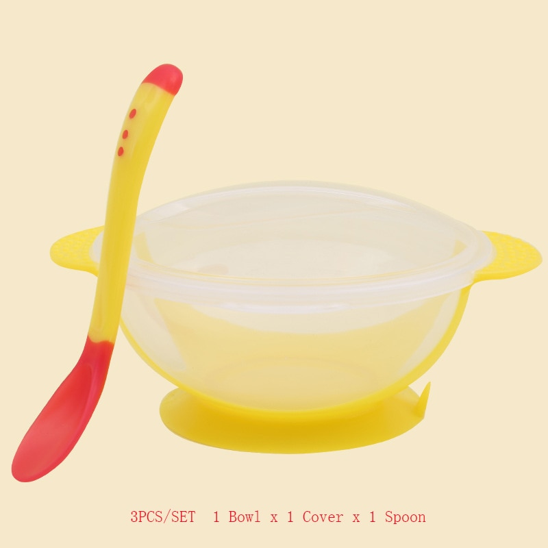 3 stks/set Baby Speelgoed Servies Servies Zuig Kom met Temperatuur Sensing Lepel Baby Food Grade Voerbak Bijtring Speelgoed