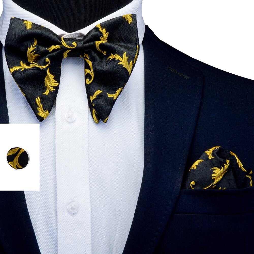 Pajarita grande para hombre, conjunto de gemelos, pañuelo Floral de doble pliegue, pajaritas Rojas, cuadrados de bolsillo para boda,: Oro