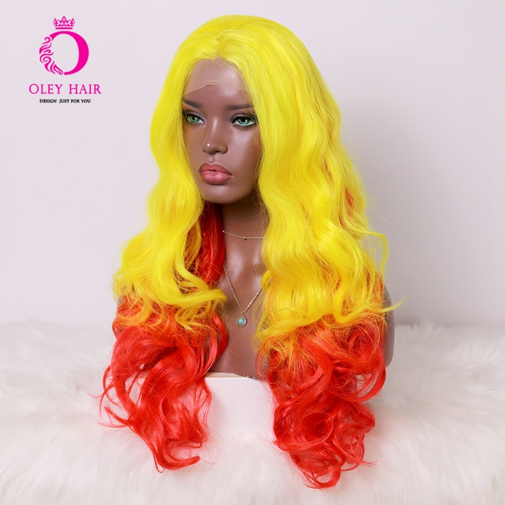 OLEY Orange Yellow Wig Heat Resistant Synthetic Lace Front Wig Freepart Loose Wave Drag Queen Cosplay Wigs For Black Women