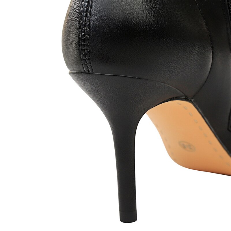 Women 8cm High Heels Boots Black Pointed Toe Leather Thin Low Heels Ankle Boots Sexy Nightclub Party Zip Short Shoe