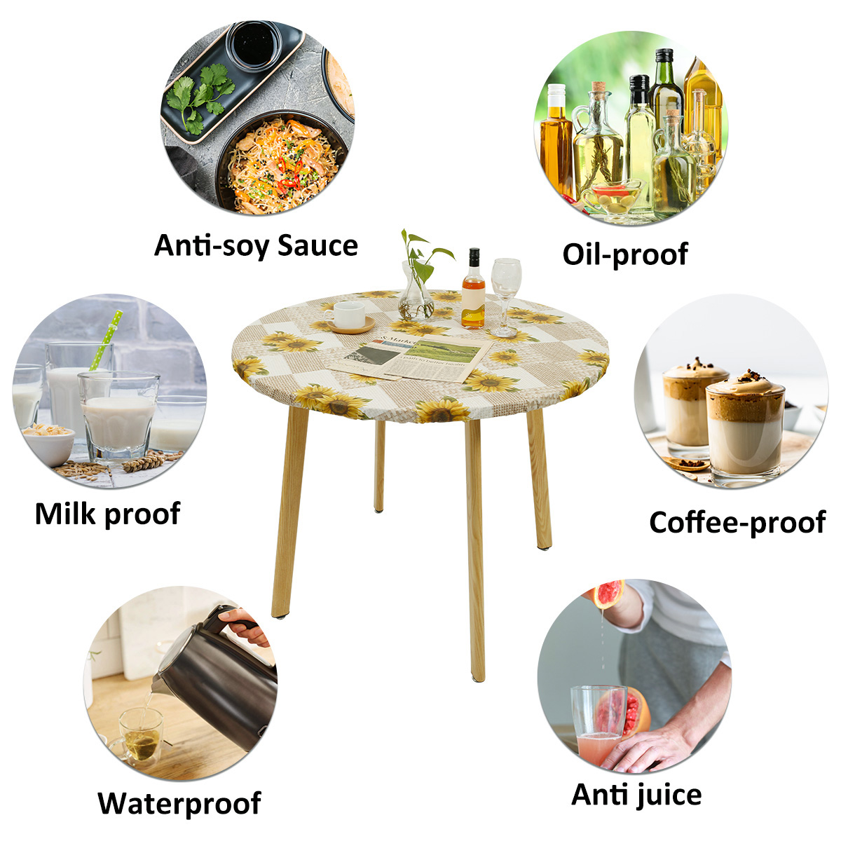 Waterdicht Rond Tafelkleed Elastisch Fixatieomzoomd Pvc Tafelkleed Flanellen Rug Tafelkussen Oliebestendig Voor Eettafel Keuken