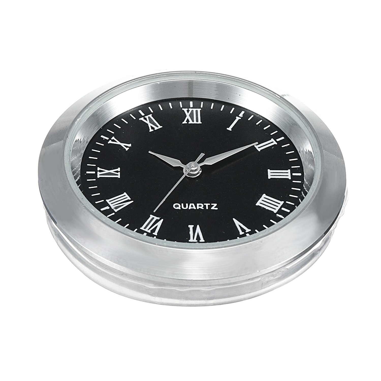Mini Clock Insert Quartz Movement Round 1 7/16" (35mm) Miniature Clock Fit Up Black Face Silver Tone Bezel Roman Numerals