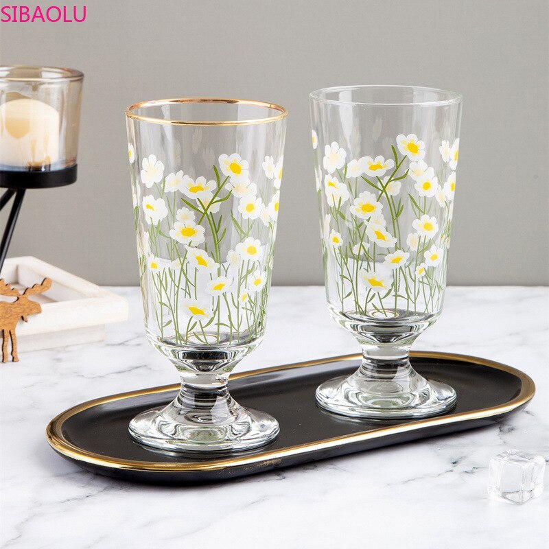 Ins Netto Rood Goud Velg Kleine Daisy Retro Beker Koreaanse Bloem Tulp Glas Korte Rode Wijn Water Drinkware Champagne Wijn