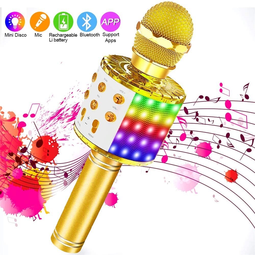 Ktv Bluetooth Stand Radio Usb Microphone Wireless Microphone Bluetooth Speaker Karaoke Microphone: Gold