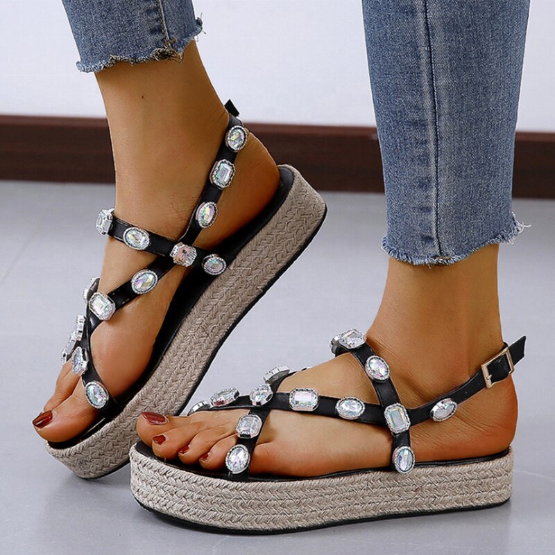 Open teen strappy slingbacks platte sandalen met grote strass steentjes voor dames met hoog platform