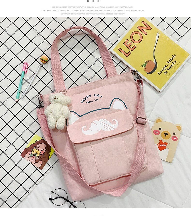 Grote Capaciteit Canvas Tas Schooltas Wilde Vrouwen Crossbody Tassen Cartoons Vrouwen Handtassen Schoudertassen Snor Tote Boodschappentas: Pink with Bear