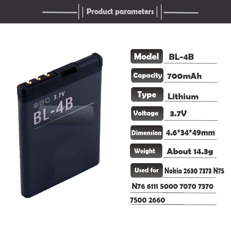 1pz 3.7V 700mAh BL-4B BL4B BL 4B Sostituzione Della Batteria Del Telefono per Nokia N75 N76 2505 3606 3608 2670 2660 2630 5000 6111 7070 7500