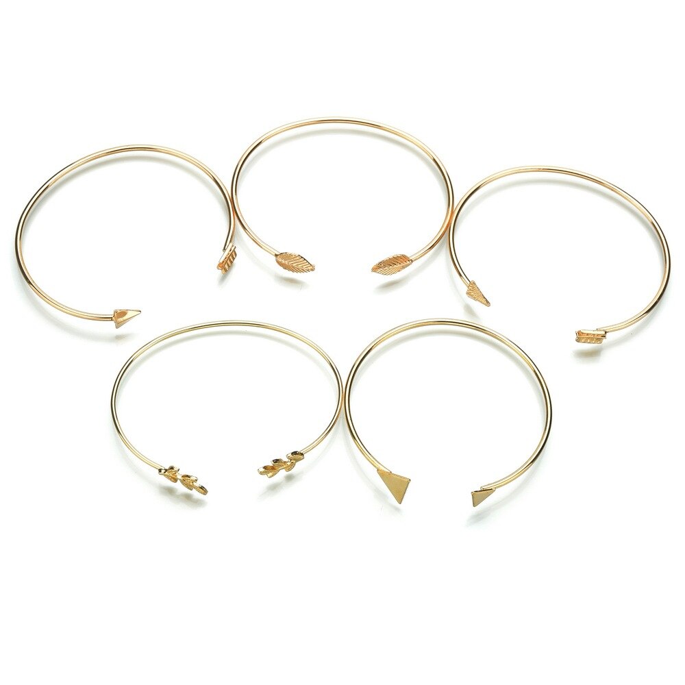 5 Stks/set Mode Bohemen Leaf Heart Moon Star Manchet Bangle Voor Vrouwen Eenvoudige Goud Kleur Geometrische Open Bangle Armbanden Sieraden: Licht Geel Goud Kleur