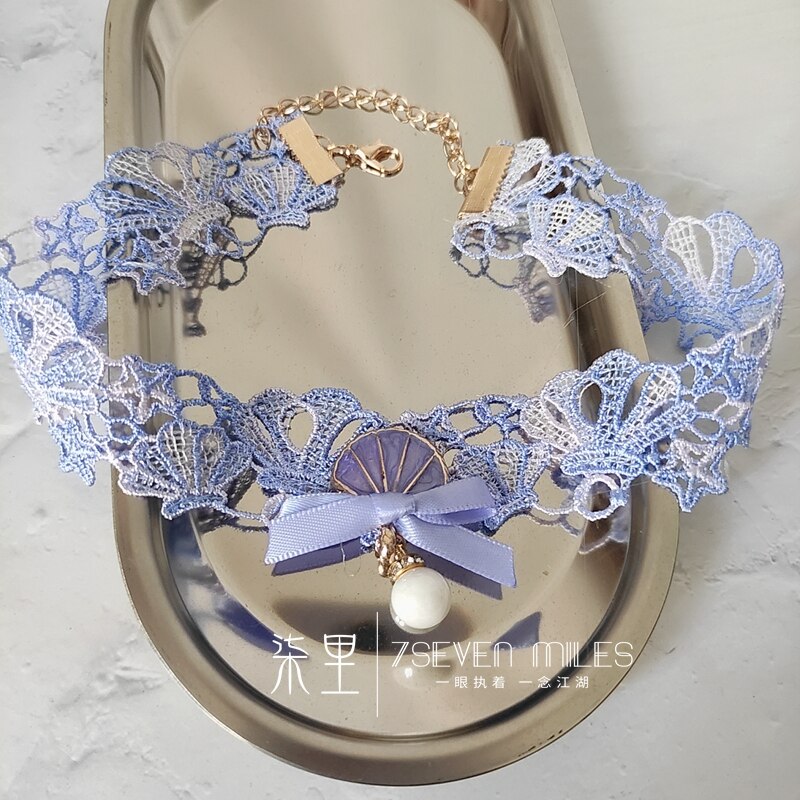 Süße Seestern Blau Gradienten Spitze verträumt Bogen Hülse Halskette Kragen Halsband Hals Kette Süße Lolita Prinzessin Anhänger Ornamente