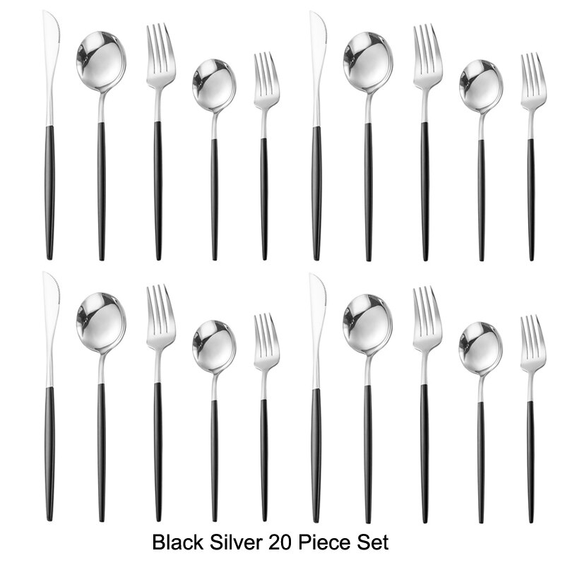 20 pièces or noir ensemble de couverts ensemble de vaisselle 18/10 acier inoxydable couteau Dessert fourchette cuillère vaisselle argenterie directe: Black Silver