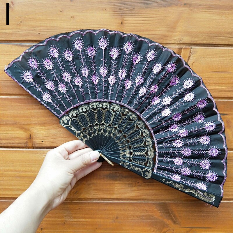 Art Fan Folding Tail Feather Plastic Bone Sequins Carved Hand Fan Summer Accessory Crafts Print Home Decor Embroidery: I