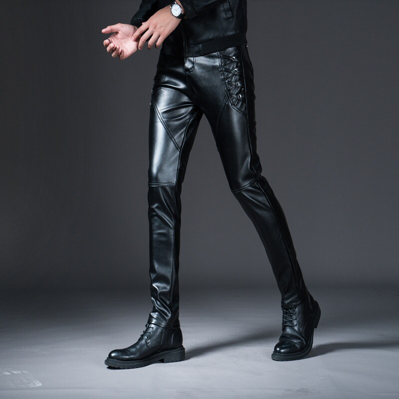 Pantalones de cuero de los hombres Slim Fit estilo coreano Otoño Invierno PU pantalones de cuero pantalones de la motocicleta a prueba de viento y ropa de calle cálida